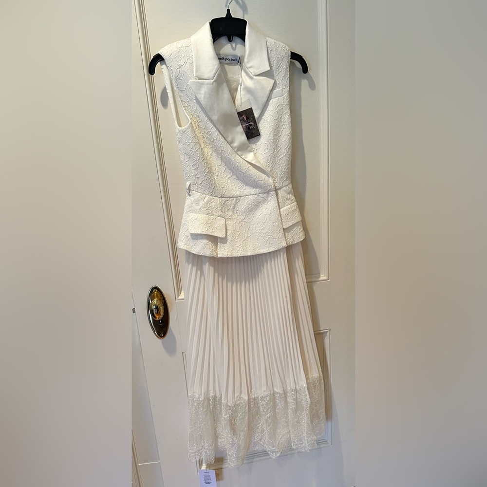 NWT Self Portrait Ivory sleeveless, corded, lace tailored midi dress Sz 00